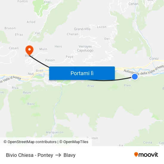 Bivio Chiesa - Pontey to Blavy map