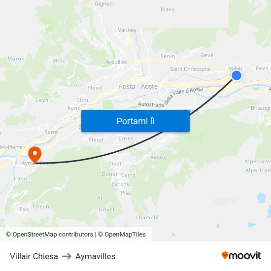Villair Chiesa to Aymavilles map