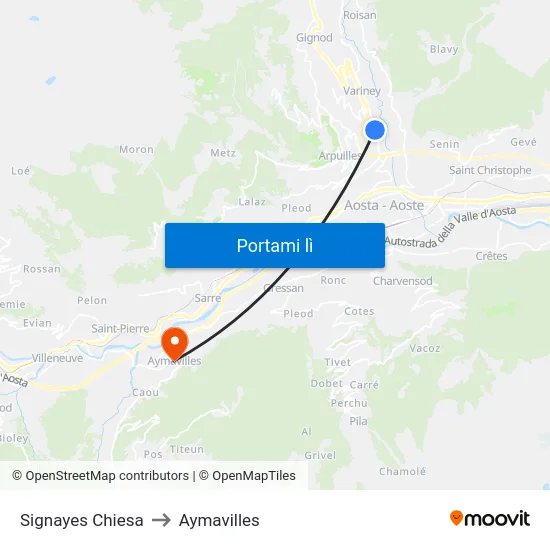 Signayes Chiesa to Aymavilles map
