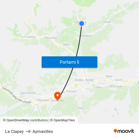 La Clapey to Aymavilles map