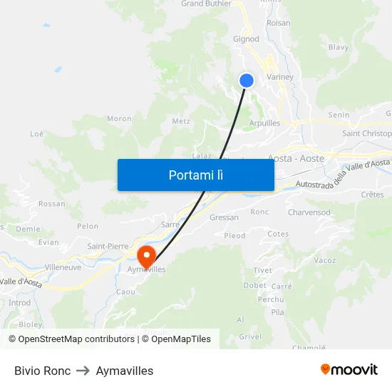 Bivio Ronc to Aymavilles map