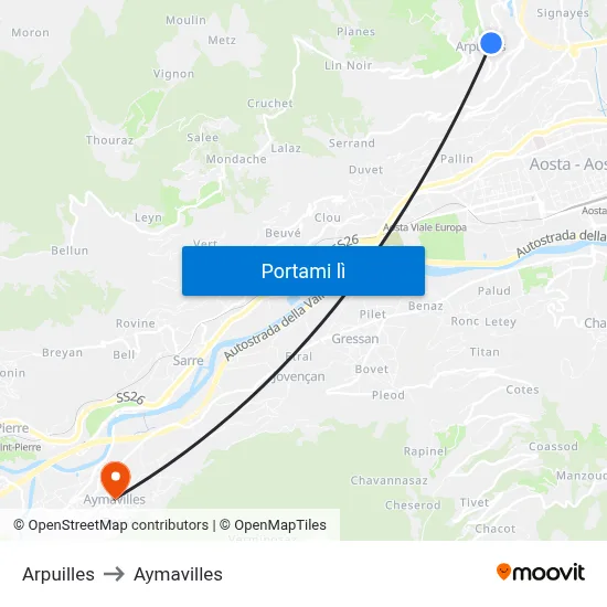 Arpuilles to Aymavilles map