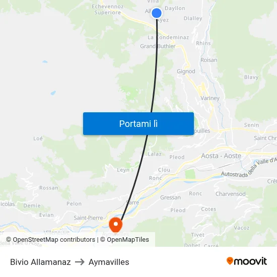 Bivio Allamanaz to Aymavilles map