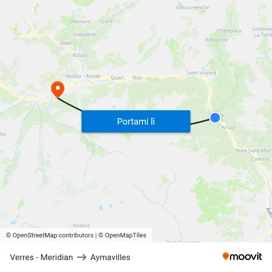 Verres - Meridian to Aymavilles map