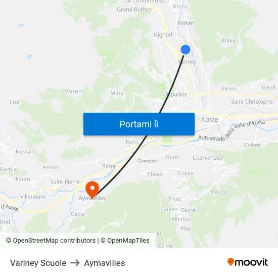 Variney Scuole to Aymavilles map