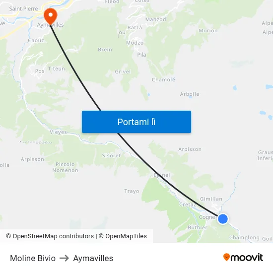 Moline Bivio to Aymavilles map