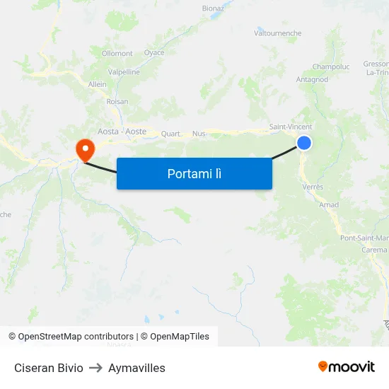 Ciseran Bivio to Aymavilles map