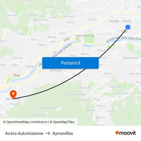 Aosta Autostazione to Aymavilles map