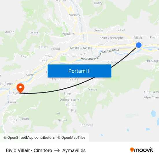 Bivio Villair - Cimitero to Aymavilles map