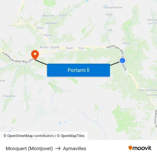 Monquert (Montjovet) to Aymavilles map
