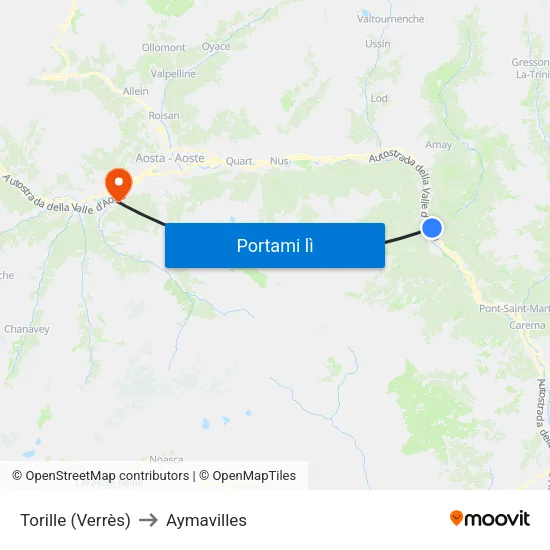 Torille (Verrès) to Aymavilles map