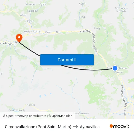 Circonvallazione (Pont-Saint-Martin) to Aymavilles map