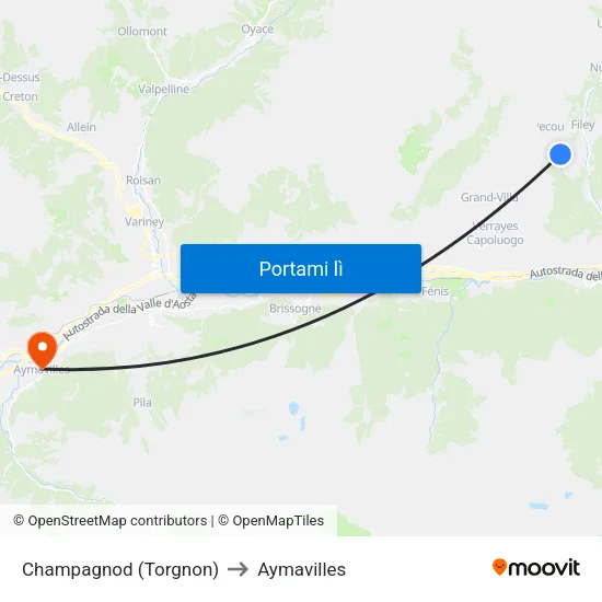 Champagnod (Torgnon) to Aymavilles map