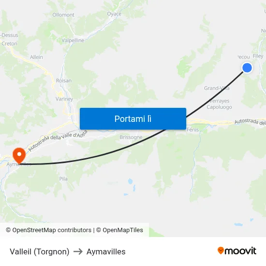 Valleil (Torgnon) to Aymavilles map