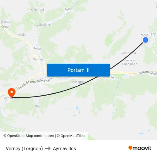 Verney (Torgnon) to Aymavilles map