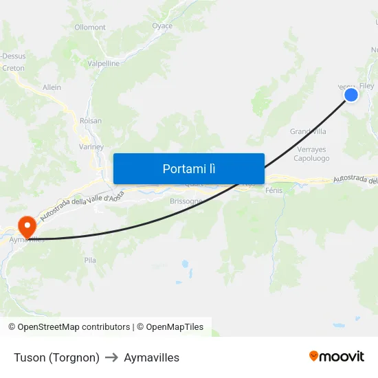 Tuson (Torgnon) to Aymavilles map