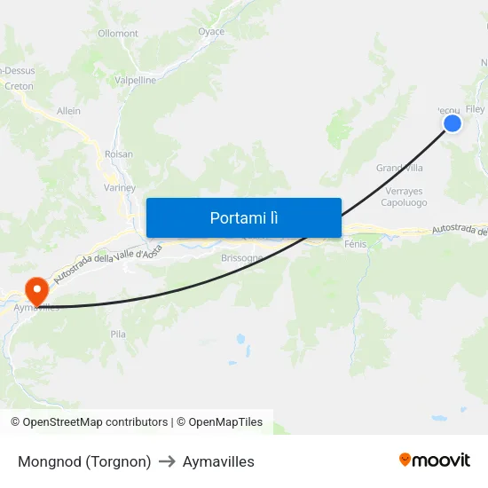 Mongnod (Torgnon) to Aymavilles map