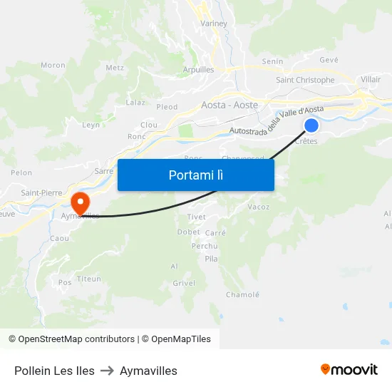 Pollein Les Iles to Aymavilles map