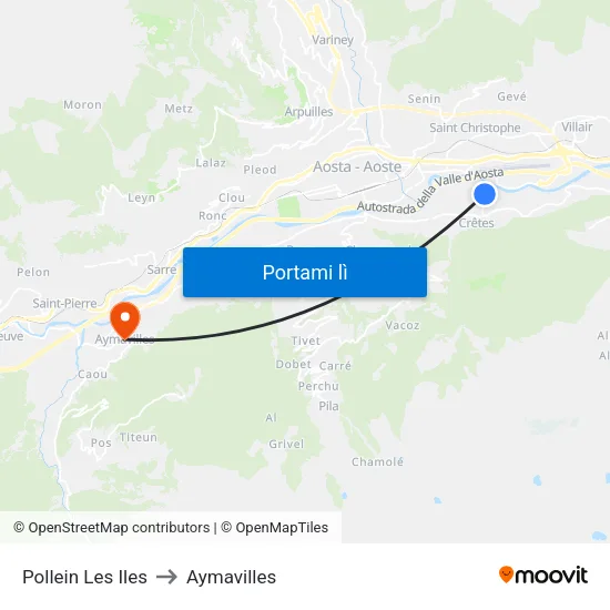 Pollein Les Iles to Aymavilles map