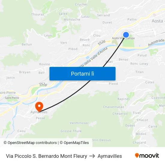 Via Piccolo S. Bernardo Mont Fleury to Aymavilles map