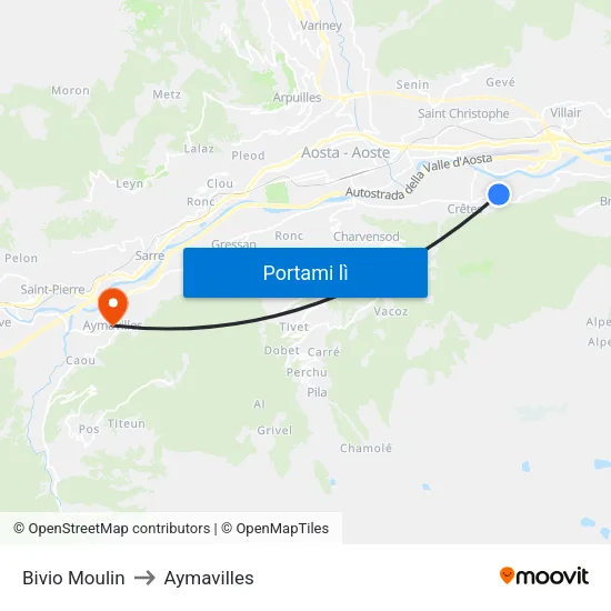 Bivio Moulin to Aymavilles map