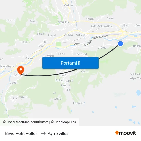 Bivio Petit Pollein to Aymavilles map