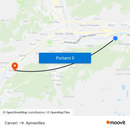 Carceri to Aymavilles map
