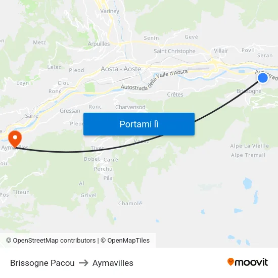 Brissogne Pacou to Aymavilles map