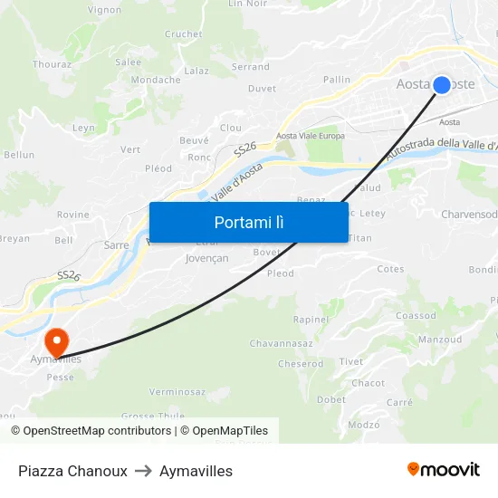 Piazza Chanoux to Aymavilles map