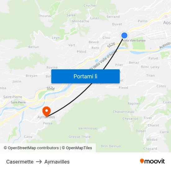 Casermette to Aymavilles map
