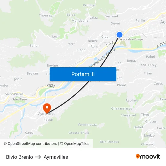 Bivio Brenlo to Aymavilles map