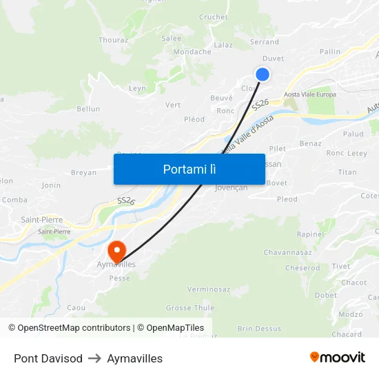 Pont Davisod to Aymavilles map