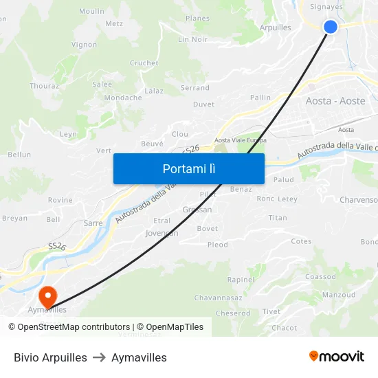 Bivio Arpuilles to Aymavilles map