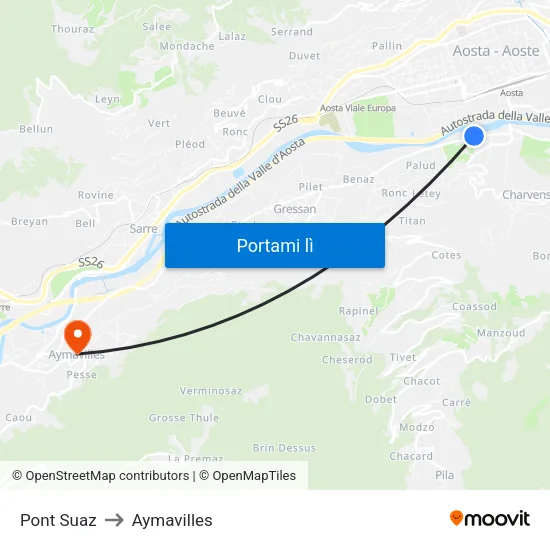 Pont Suaz to Aymavilles map