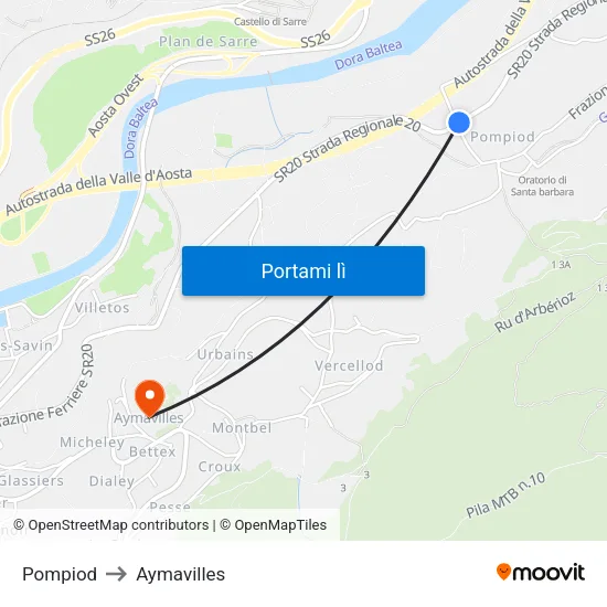 Pompiod to Aymavilles map