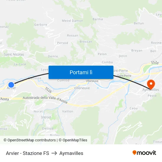 Arvier - Stazione FS to Aymavilles map