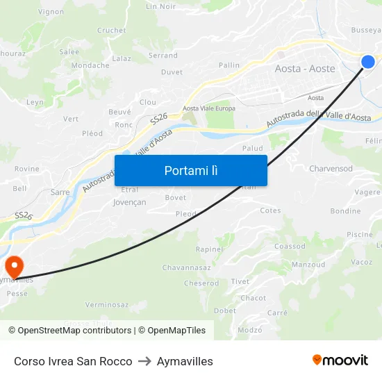 Corso Ivrea San Rocco to Aymavilles map