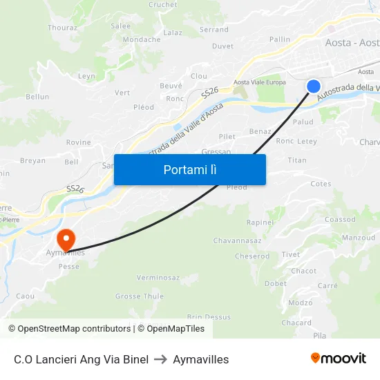 C.O Lancieri Ang Via Binel to Aymavilles map