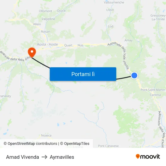 Arnad Vivenda to Aymavilles map