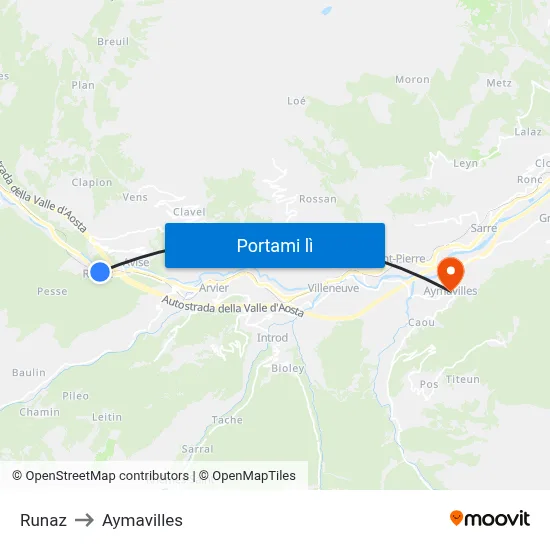 Runaz to Aymavilles map