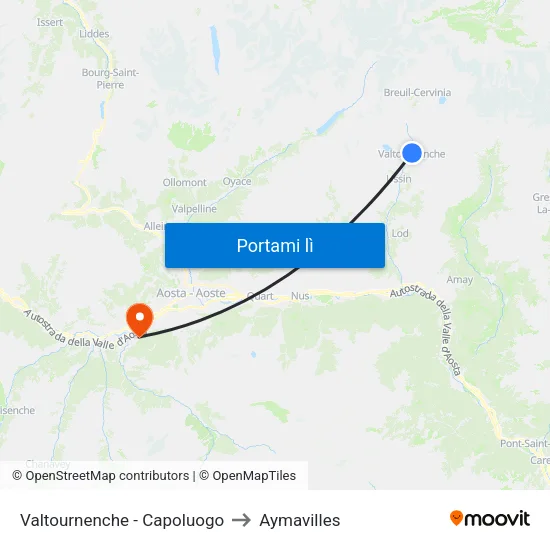 Valtournenche - Capoluogo to Aymavilles map