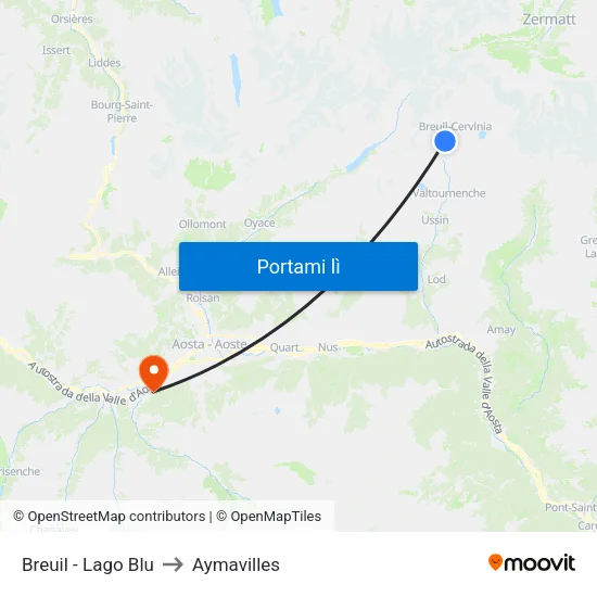 Valtournanche Lago Blu to Aymavilles map