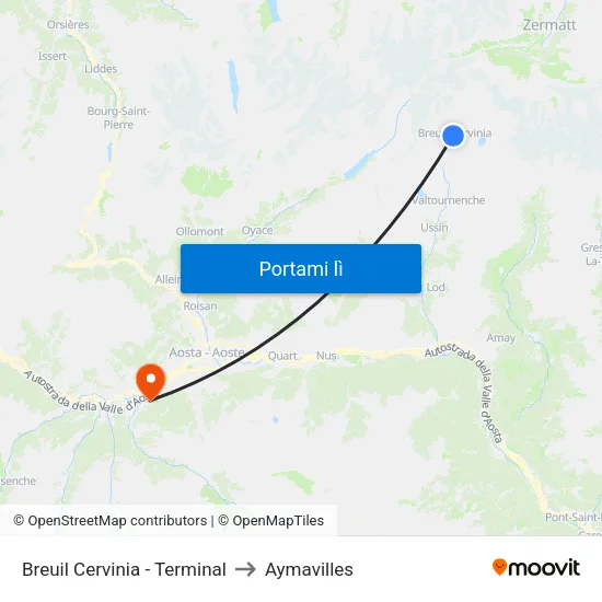 Breuil Cervinia - Terminal to Aymavilles map