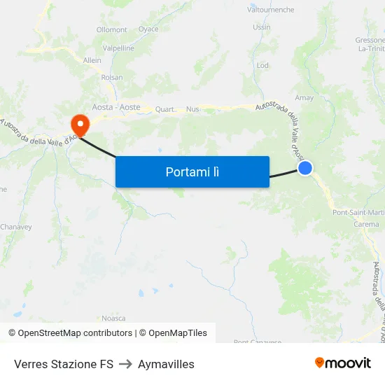 Verres Stazione FS to Aymavilles map