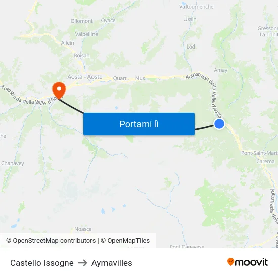 Castello Issogne to Aymavilles map