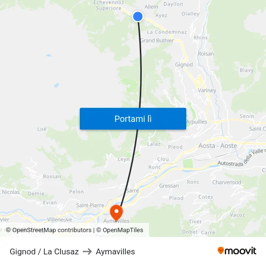 Gignod / La Clusaz to Aymavilles map