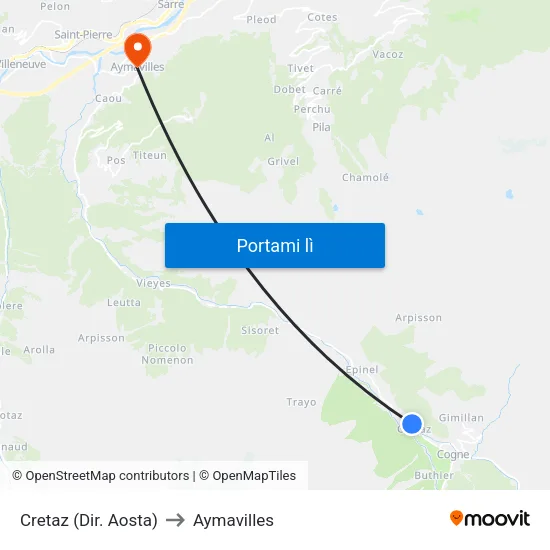 Cretaz (Dir. Aosta) to Aymavilles map