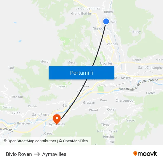 Bivio Roven to Aymavilles map