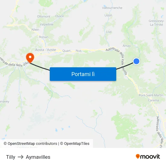 Tilly to Aymavilles map