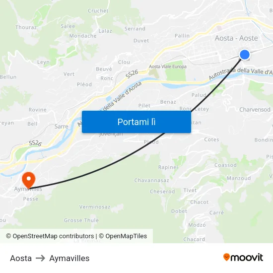 Aosta to Aymavilles map